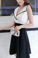 Black and White Slim A-Line Contrast Deep V Neck Lapel Above Knee Fit & Flare Dress for Casual Party