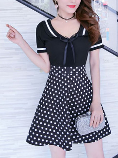 Black and White Slim A-Line Contrast Linking V Neck Wave Point Butterfly Knot Above Knee Fit & Flare Dress for Casual Party