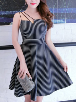 Black and White Slim A-Line Strapless Stripe Above Knee Fit & Flare Dress for Casual