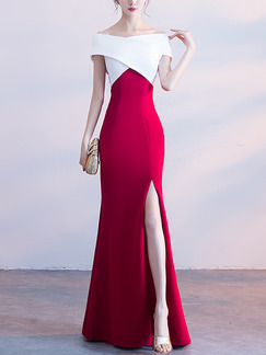 Red and White Slim Contrast Cross Boat Collar Open Back Over-Hip Furcal Front Maxi Dress for Evening Cocktail Prom