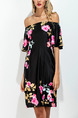 Black Yellow and Pink Plus Size Slim Printed Boat Neck Flare Sleeve Over-Hip Off Shoulder Above Knee Shift Floral Dress for Casual
