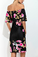 Black Yellow and Pink Plus Size Slim Printed Boat Neck Flare Sleeve Over-Hip Off Shoulder Above Knee Shift Floral Dress for Casual