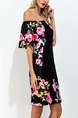 Black Yellow and Pink Plus Size Slim Printed Boat Neck Flare Sleeve Over-Hip Off Shoulder Above Knee Shift Floral Dress for Casual