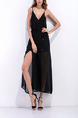 Black Slim Sling Deep V Neck Open Back Furcal Band See-Through Maxi Dress for Evening Party Cocktail
