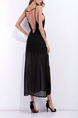 Black Slim Sling Deep V Neck Open Back Furcal Band See-Through Maxi Dress for Evening Party Cocktail