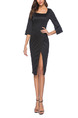 Black Slim Square Collar Cross Furcal Over-Hip Open Sleeve Sheath Dress for Party Office