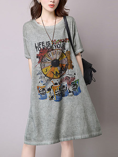 Grey Plus Size Loose Round Neck Located Printing Furcal Side Pockets Shift Knee Length Dress for Casual