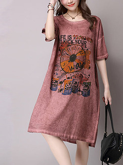 Red Plus Size Loose Round Neck Located Printing Furcal Side Pockets Shift Knee Length Dress for Casual