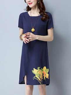 Blue and Yellow Plus Size Slim A-Line Round Collar Located Printing Asymmetrical Shift Knee Length Dress for Casual