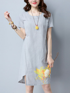 Grey and Yellow Plus Size Slim A-Line Round Collar Located Printing Asymmetrical Shift Knee Length Dress for Casual