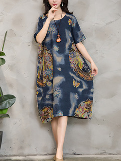 Blue and Brown Plus Size Loose Lantern-Shaped Printed Round Neck Invisible Pockets Shift Knee Length Dress for Casual