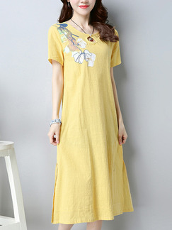 Yellow Plus Size Loose A-Line Round Neck Located Printing Furcal Side Shift Midi Dress for Casual