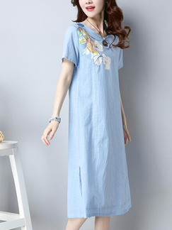 Blue Plus Size Loose A-Line Round Neck Located Printing Furcal Side Shift Midi Dress for Casual