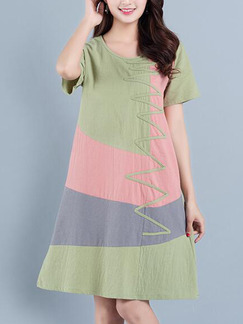 Green Pink and Grey Plus Size Loose A-Line Contrast Linking Round Neck Shift Knee Length Dress for Casual