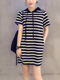 Black and White Plus Size Loose H-Shaped Contrast Stripe Hooded Drawstrings Pockets Shift Above Knee Dress for Casual