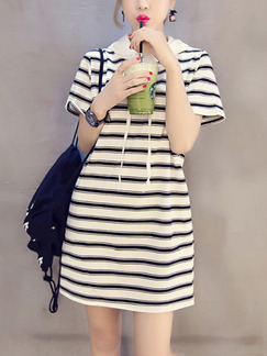 White and Black Plus Size Loose H-Shaped Contrast Stripe Hooded Drawstrings Pockets Shift Above Knee Dress for Casual