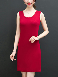 Red Slim H-Shaped Round Neck Over-Hip Sheath Above Knee Dress for Party Evening Office