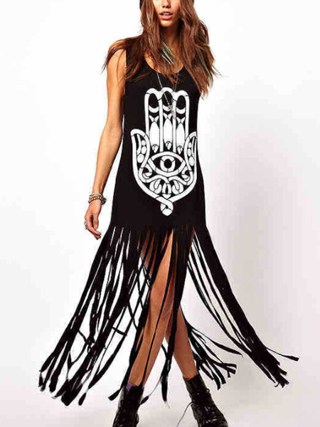 Black and White Slim H-Shaped Located Printing Round Neck Linking Tassel Dress for Casual Party