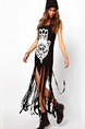Black and White Slim H-Shaped Located Printing Round Neck Linking Tassel Dress for Casual Party