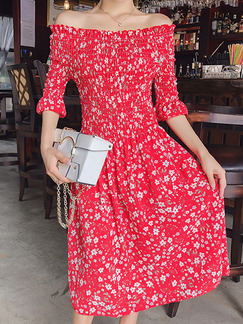 Red and White Slim A-Line Floral Laced Boat Collar Adjustable Chest Flare Sleeve Midi Dress for Casual Party