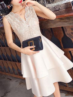 Beige Slim A-Line Puff Linking Embroidery Mesh V Neck Lace Knee Length Fit & Flare Dress for Cocktail Party Evening