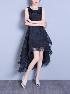 Black Eugenia Plus Size Slim A-Line Round Neck Asymmetrical Hem Floral Dress for Party Evening Cocktail