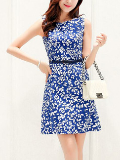Blue and White Plus Size Slim A-Line Printed Round Neck Above Knee Dress for Casual Party