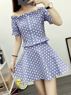 Blue and White Two-Piece Slim A-Line Fold Laced Boat Collar Ruffle Contrast Wave Point Above Knee Off Shoulder Dress for Casual Party
