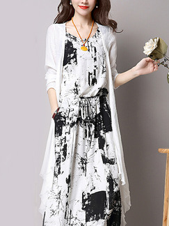 Black and White Two-Piece Cardigan Loose Ink Painting Round Neck Adjustable Waist Band Pockets Dress for Casual