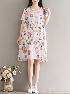 Pink Colorful Plus Size Loose A-Line Printed Round Neck Knee Length Shift Dress for Casual