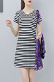 Black and White Purple Two-Piece Slim A-Line Contrast Stripe V Neck Bandages Printed See-Through Asymmetrical Hem Knee Length Dress for Casual