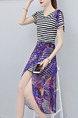 Black and White Purple Two-Piece Slim A-Line Contrast Stripe V Neck Bandages Printed See-Through Asymmetrical Hem Knee Length Dress for Casual