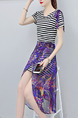 Black and White Purple Two-Piece Slim A-Line Contrast Stripe V Neck Bandages Printed See-Through Asymmetrical Hem Knee Length Dress for Casual