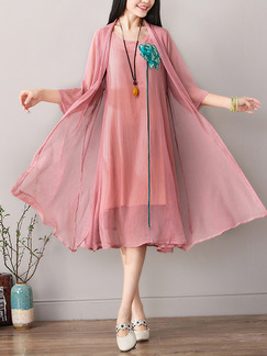 Pink Plus Size Loose Cardigan See-Through Sun Protection Shift Midi Dress for Casual Beach