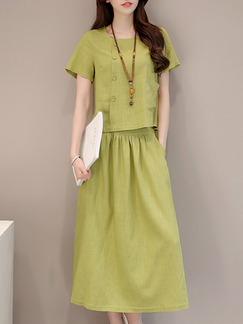 Green Two-Piece Loose A-Line Round Neck Buttons Pockets Dress for Casual