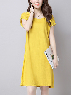 Yellow Plus Size Slim A-Line Round Neck Linking Tassel Shift Above Knee Dress for Casual