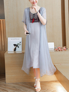 Grey Plus Size Loose Seem-Two Embroidery Round Neck Band See-Through Dress for Casual
