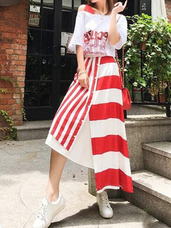 Red and White Two-Piece Plus Size Loose Off-Shoulder Letter Printed A-Line Contrast Stripe Double Layer Asymmetrical Hem Buttons Dress for Casual