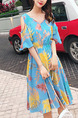 Blue Colorful Chiffon Plus Size Loose A-Line Printed Off-Shoulder V Neck Flare Sleeve Above Knee Dress for Casual Party