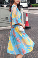Blue Colorful Chiffon Plus Size Loose A-Line Printed Off-Shoulder V Neck Flare Sleeve Above Knee Dress for Casual Party