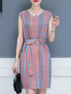 Colorful Plus Size Slim Contrast Stripe V Neck Pockets Over-Hip Sheath Above Knee Dress for Casual Office