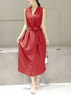 Red Plus Size Slim Cross V Neck Band Invisible Press Button Midi Dress for Casual Party