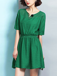 Green Plus Size Slim A-Line Round Neck Adjustable Waist Above Knee Dress for Casual Party