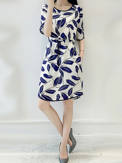 White and Blue Chiffon Slim Printed Round Neck Adjustable Waist Band Pockets Arc Hem Above Knee Dress for Casual Party