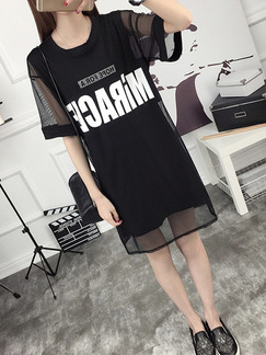 Black Two-Piece Plus Size Loose Letter Printed Mesh See-Through Knee Length Dress for Casual