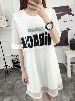 White Two-Piece Plus Size Loose Letter Printed Mesh See-Through Knee Length Dress for Casual