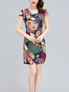 Colorful Plus Size Slim Printed V Neck Over-Hip Sheath Above Knee Dress for Casual Party