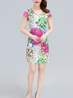 White Pink Colorful Plus Size Slim Contrast Printed V Neck Over-Hip Sheath Above Knee Dress for Casual Party