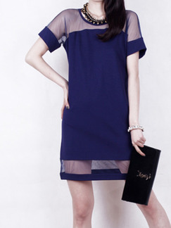 Blue Plus Size Slim Linking Mesh See-Through Round Neck Over-Hip Shift Above Knee Dress for Casual Party