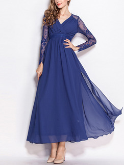 Blue Slim A-Line Linking Lace Embroidery See-Through V Neck Furcal Maxi Long Sleeve Dress for Party Evening Cocktail